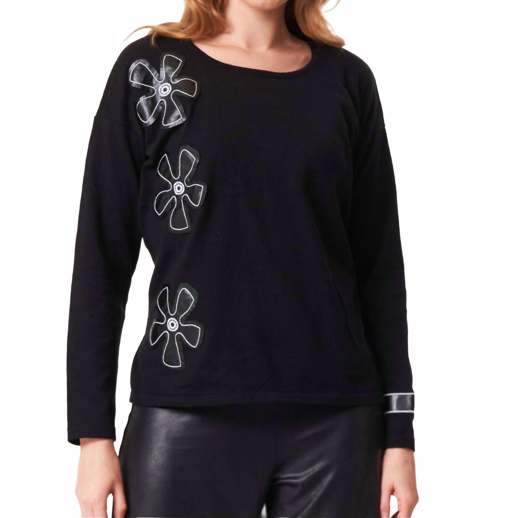 New Angel Apparel Knit Top With Faux Leather Floral Detail In Black